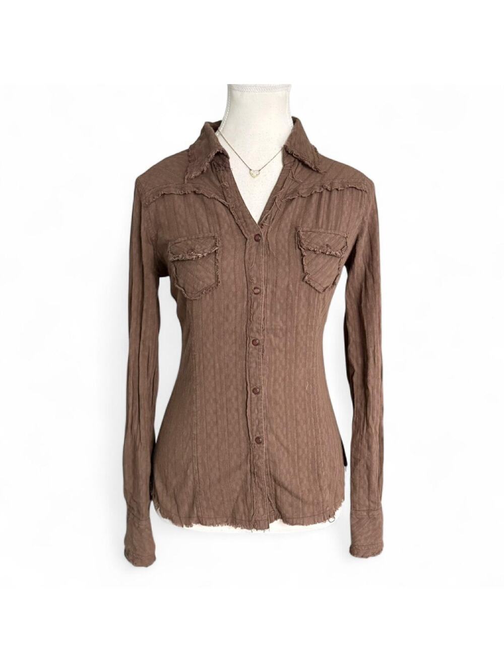 Brown Distressed Hem Y2K Button Up Polo Collard Shirt small cotton Girl krazy